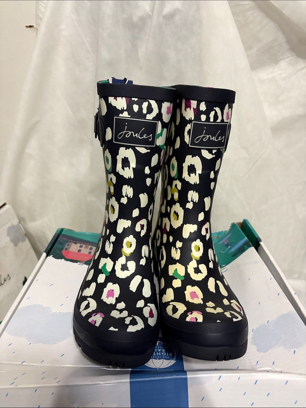 Joules Navy Leopard Print Rain Boots size US 5 NWT